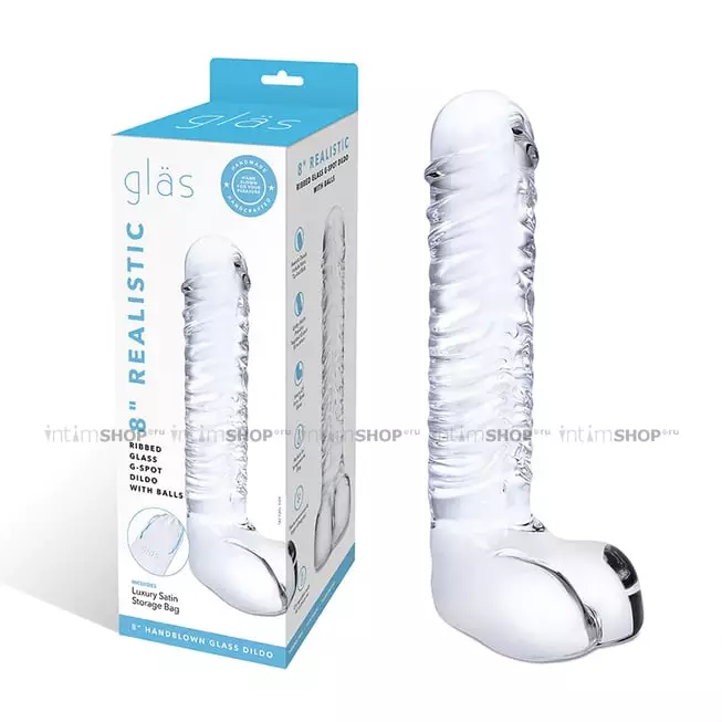 Фаллоимитатор с мошонкой Glas Realistic Ribbed Glass G-Spot 20.3 см, бесцветный