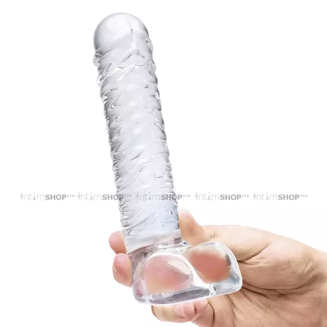 Фаллоимитатор с мошонкой Glas Realistic Ribbed Glass G-Spot 20.3 см, бесцветный