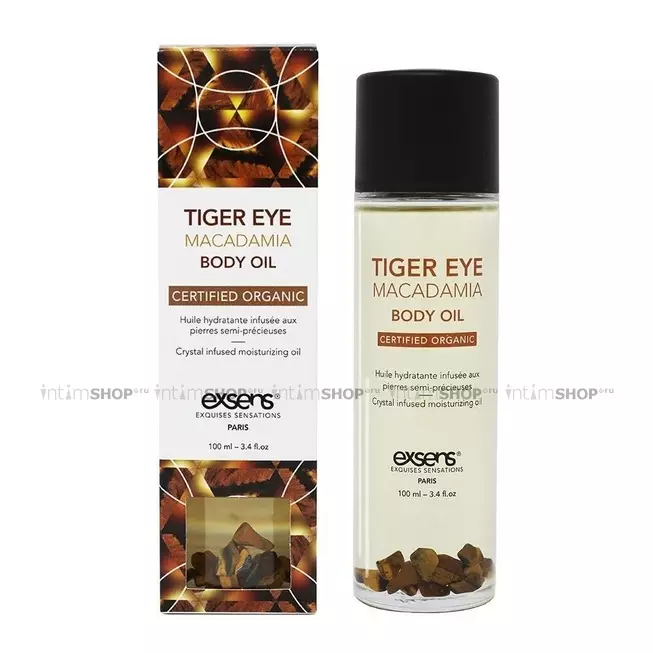 Массажное масло Exsens Sertified Organic Tiger Eye Macadamia с кристаллами тигрового глаза, 100 мл