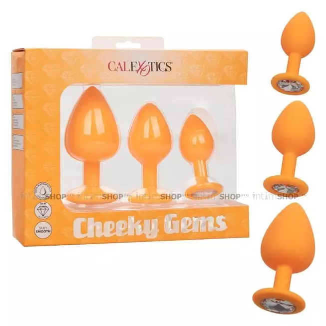 Набор анальных пробок CalExotics Cheeky Gems, оранжевые с бесцветными кристаллами