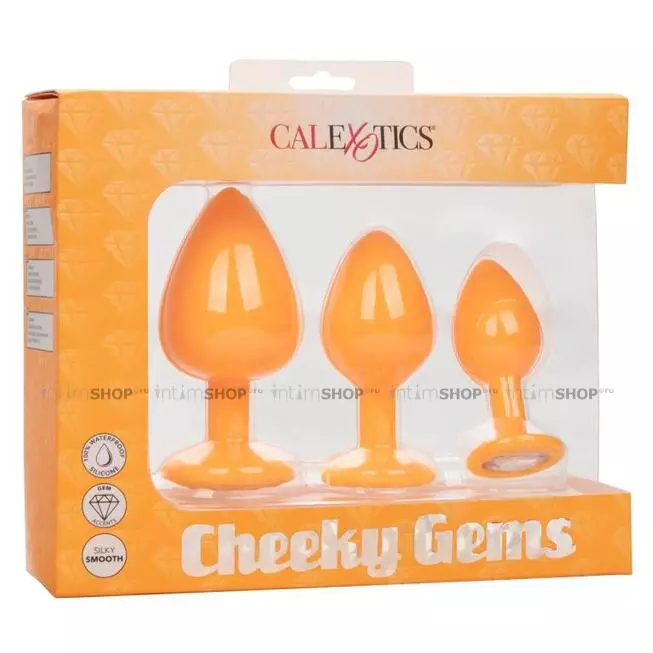 Набор анальных пробок CalExotics Cheeky Gems, оранжевые с бесцветными кристаллами