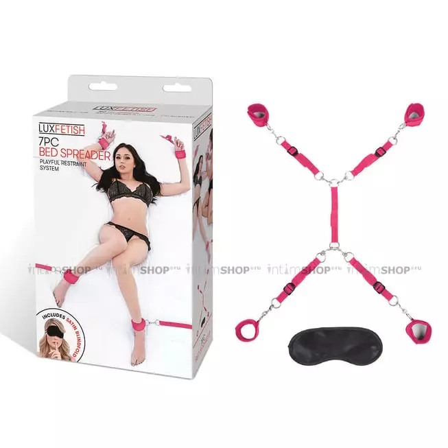 Набор для фиксации на кровать Lux Fetish Bed Spreader с маской на глаза, розовый