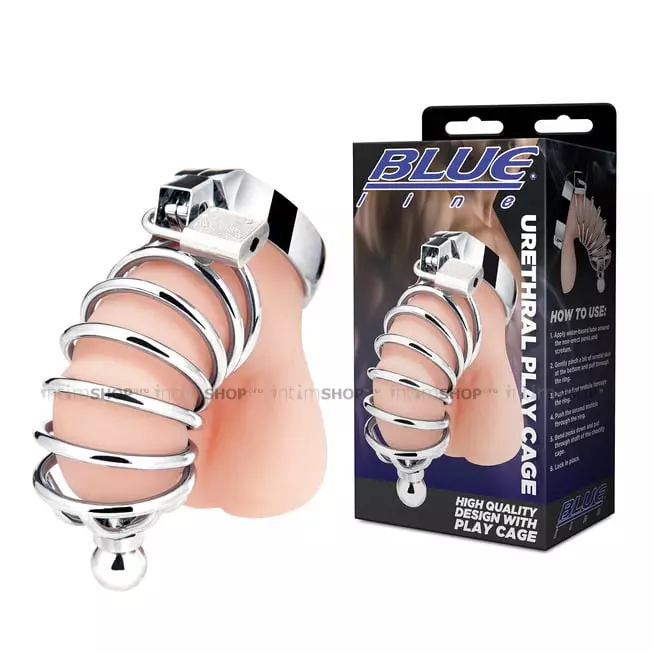 Пояс верности с уретральным зондом и замком BlueLine Urethral Play Cage, серебристый