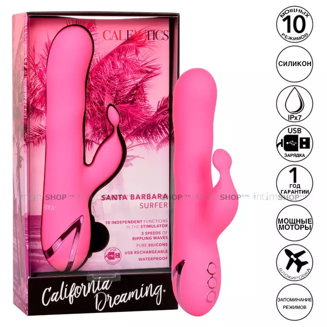 Вибратор-кролик с волнообразными движениями ствола CalExotics California Dreaming Santa Barbara Surfer, розовый