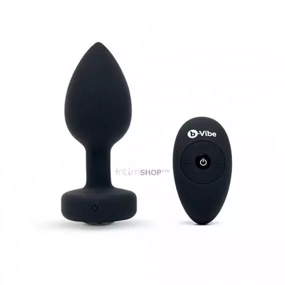 Вибропробка B-vibe Jewel M/L с пультом ДУ с черным кристаллом, черная