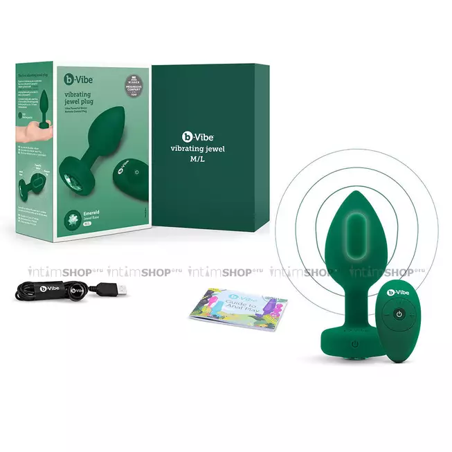 Вибропробка B-vibe Jewel M/L с пультом ДУ, зеленая с изумрудным кристаллом